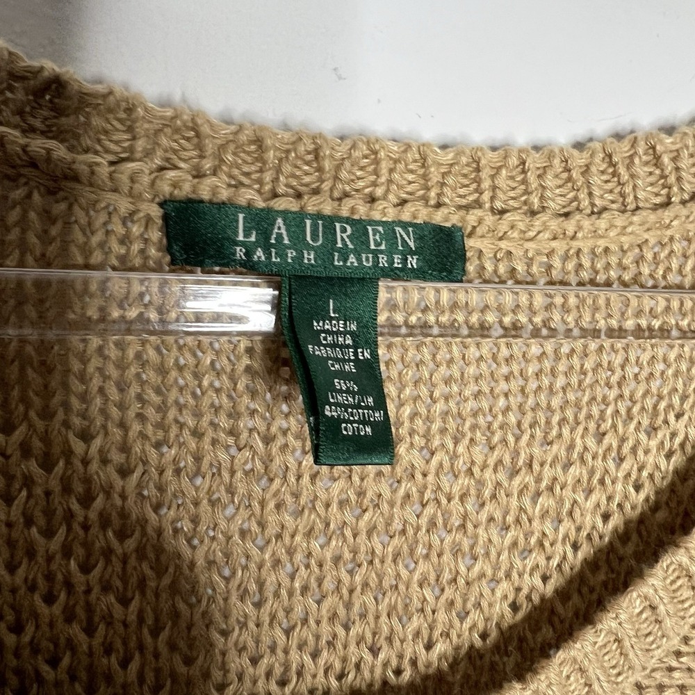 Lauren Ralph Lauren Short Sleeve Sweater Womens Large Tan Linen Cotton Knit Prep - Picture 8 of 8